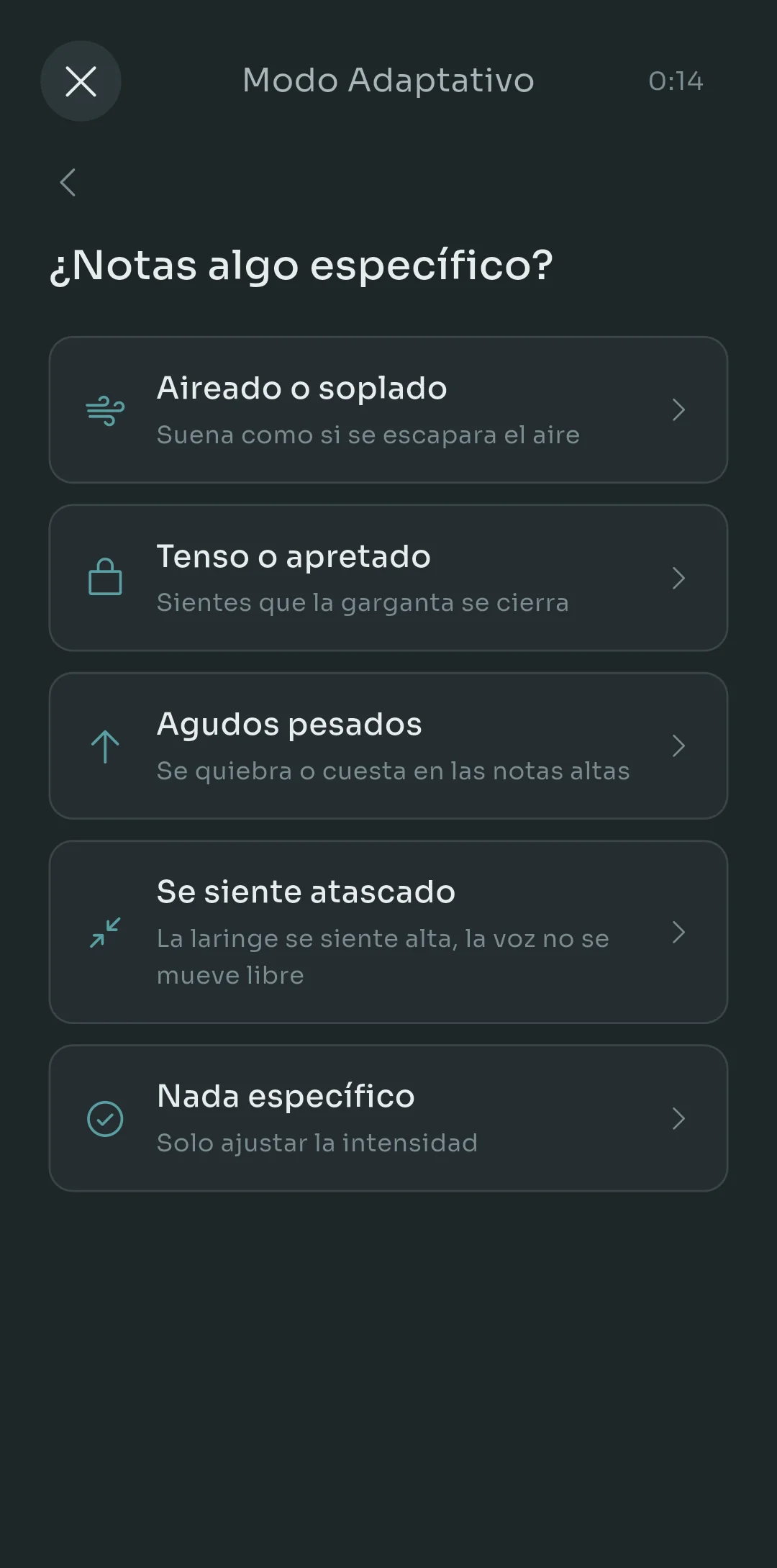 Adaptive Mode de Scalita preguntando si notas algo en particular: aire o voz soplada, apretada o comprimida, las notas altas se sienten pesadas, se siente atascada, o nada en particular