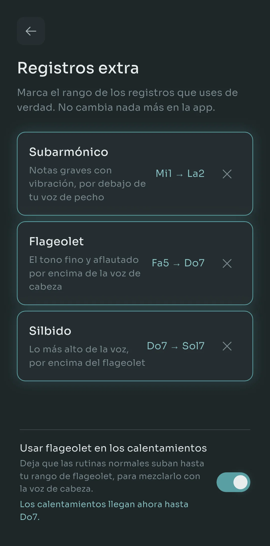Pantalla de registros extra de Scalita mostrando subarmónico de E1 a A2, flageolet de F5 a C7, silbido de C7 a G7, con un interruptor para usar el flageolet en los calentamientos