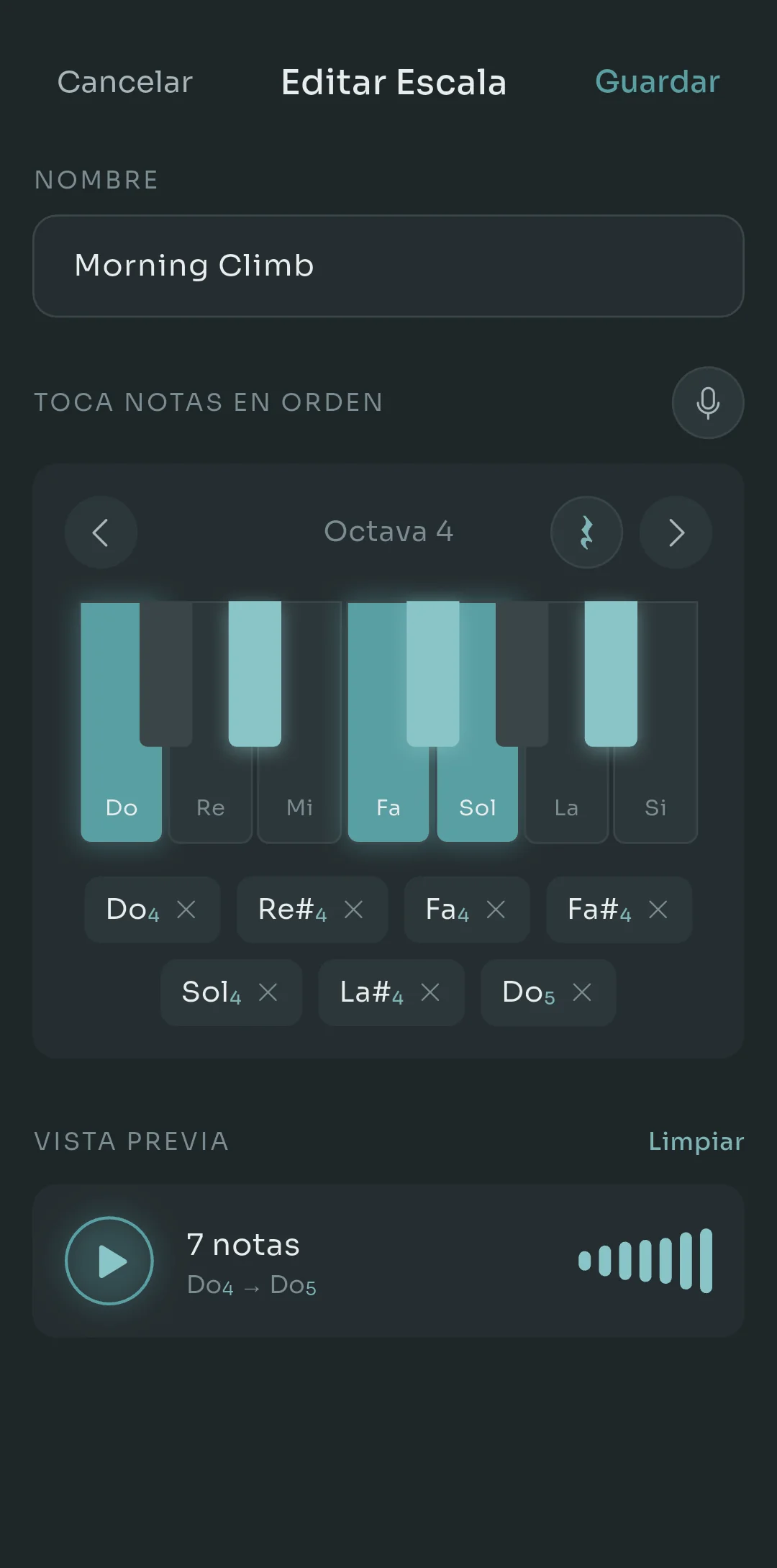 Pantalla Editar escala de Scalita para una escala llamada Morning Climb, con un teclado de piano en pantalla en la octava 4, siete notas tocadas listadas debajo y una vista previa que muestra 7 notas de C4 a C5
