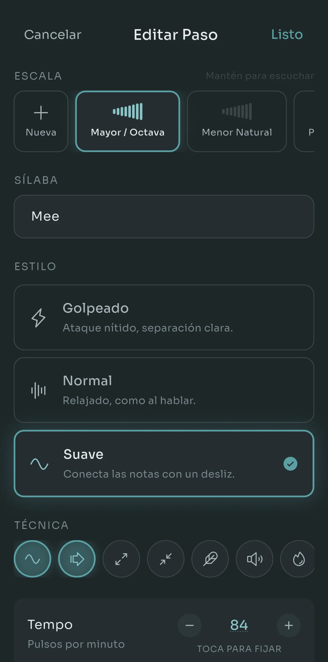 Pantalla Edit Step de Scalita con la selección de escala, la sílaba Mee, las opciones de estilo de ataque Struck, Normal y Smooth, interruptores de técnica y un tempo de 84 pulsaciones por minuto