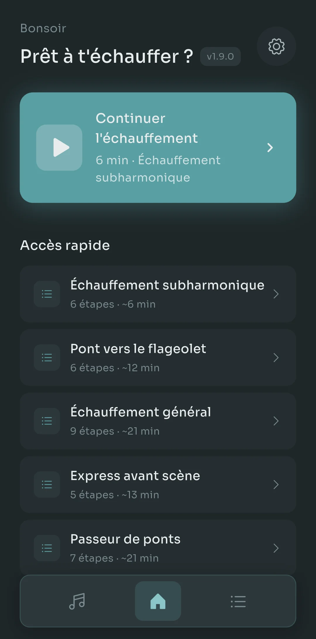 Écran d'accueil de Scalita montrant une carte Continuer l'échauffement et une liste Accès rapide de routines avec le nombre d'étapes et la durée