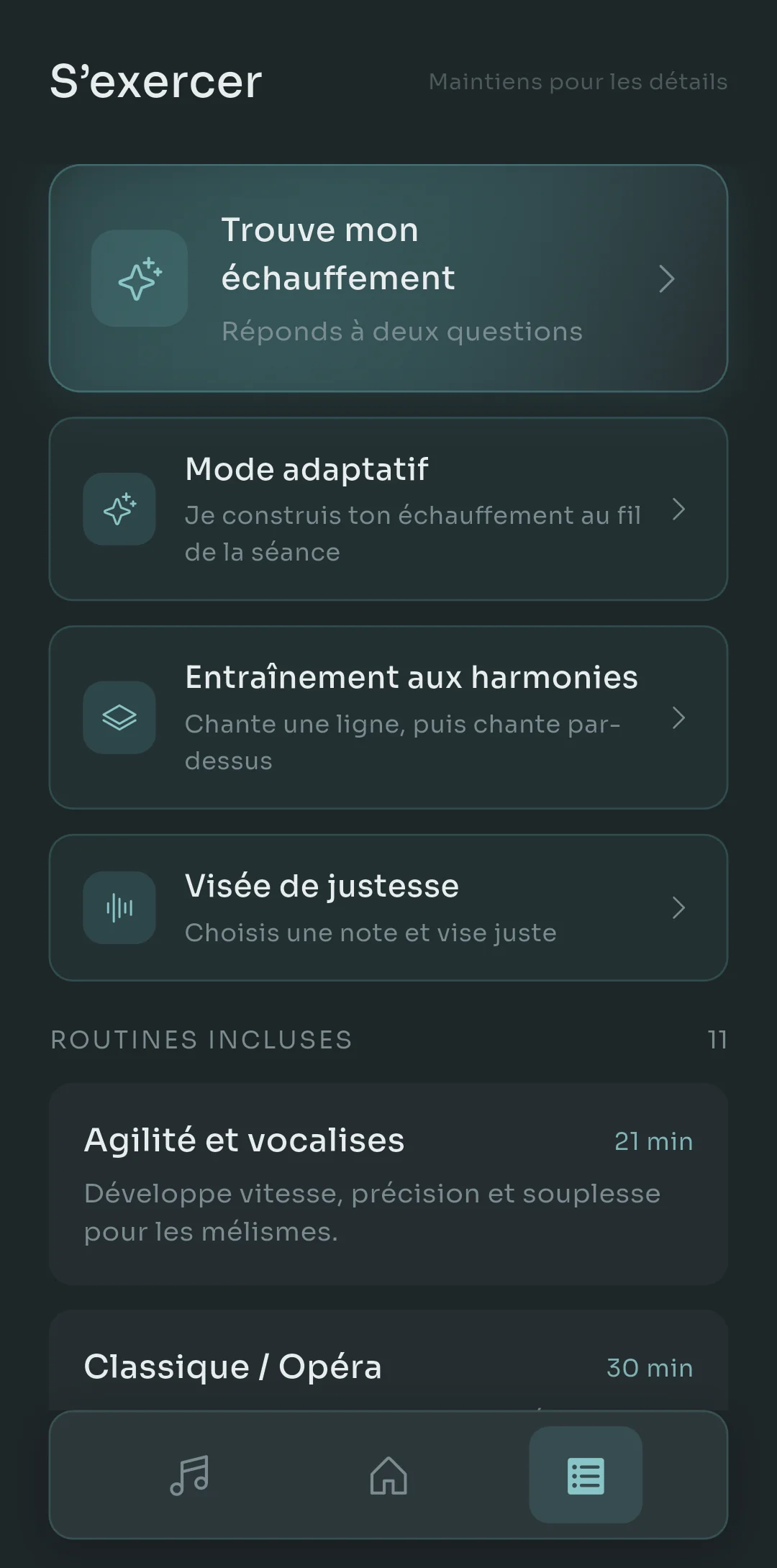 Onglet Pratique de Scalita avec Trouver mon échauffement, Mode adaptatif, Entraînement à l'harmonie et Ciblage de hauteur en haut, et des routines intégrées comme Agilité et vocalises et Contrôle du souffle et endurance en dessous