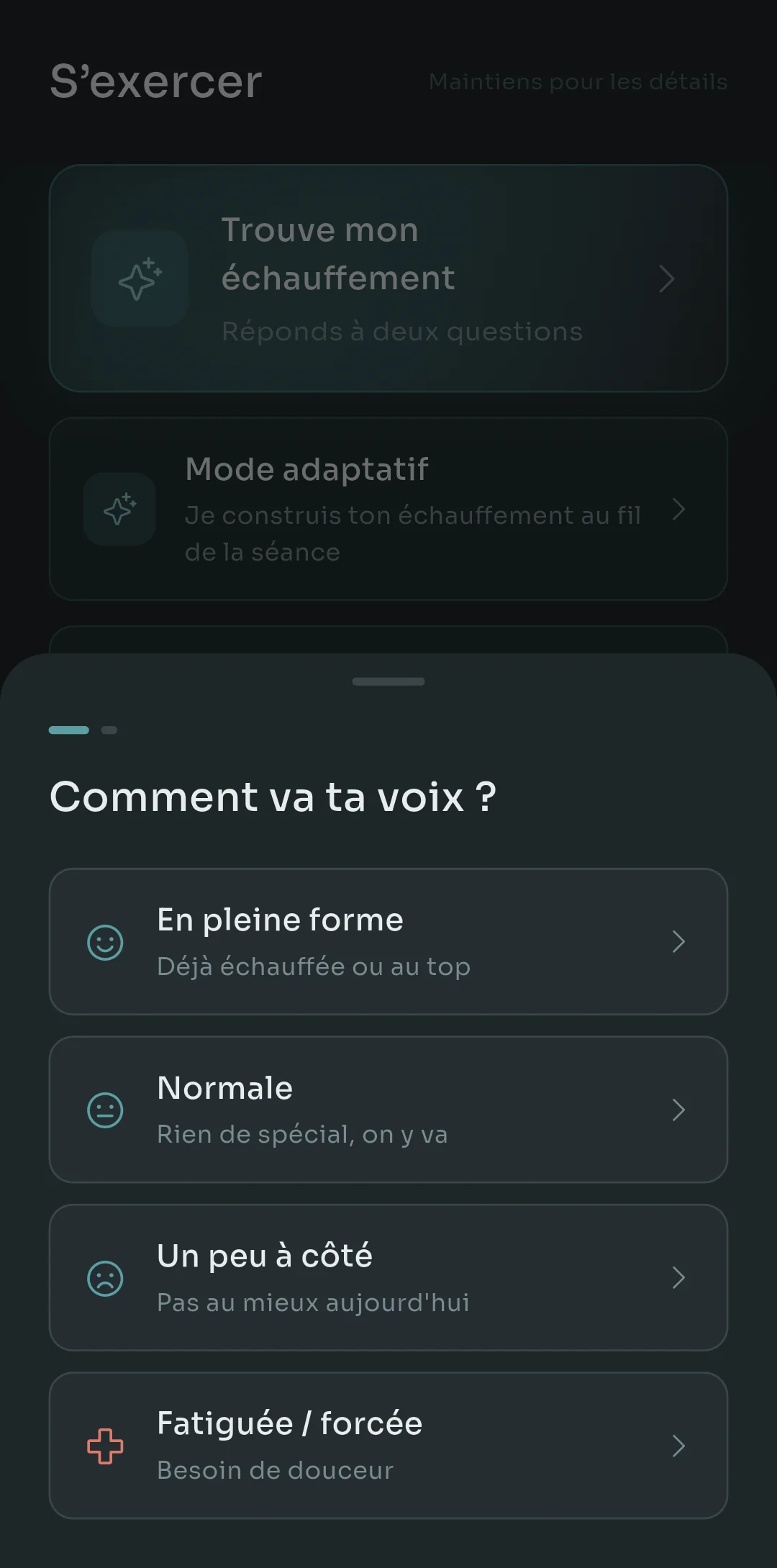 Find My Warmup de Scalita qui demande comment va ta voix, avec quatre options : prête à y aller, normale, un peu à côté, et fatiguée ou tendue