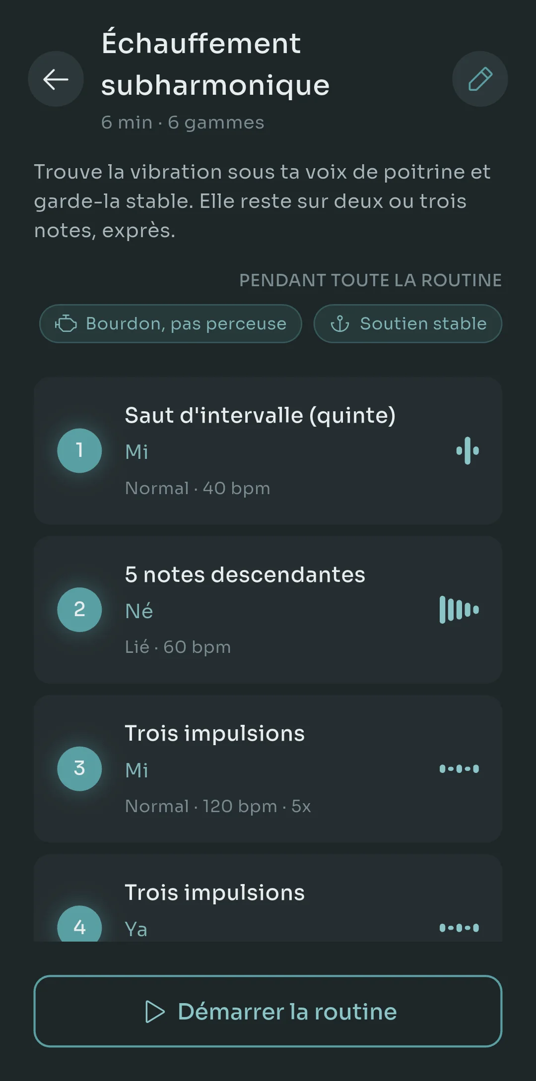 Vue d'ensemble d'une routine Scalita pour un Échauffement subharmonique de six minutes avec quatre étapes indiquant gamme, syllabe, style, tempo et répétitions, plus deux consignes pour toute la routine : Bourdonne, ne force pas et Soutien régulier