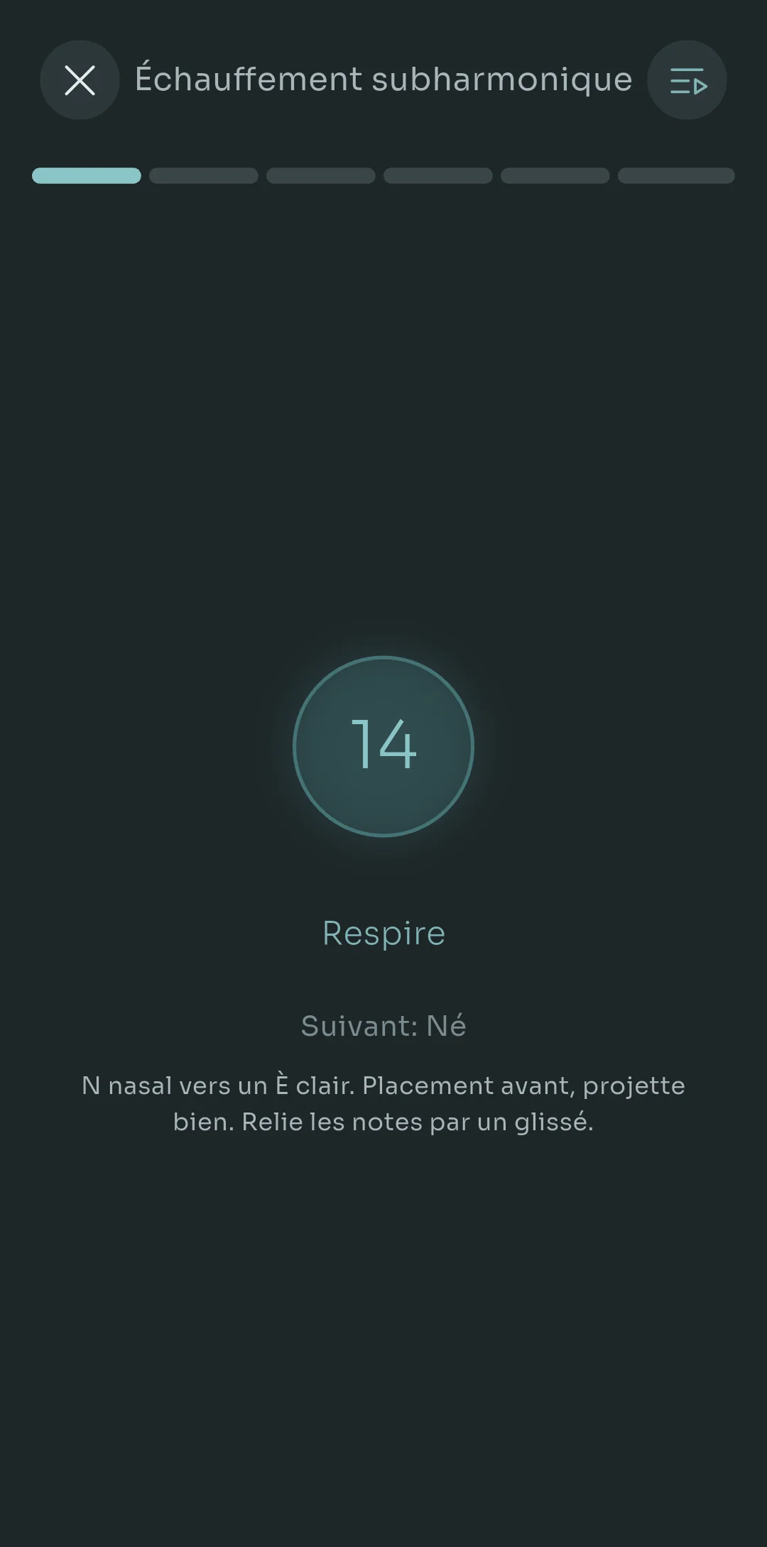 Un compte à rebours de respiration entre les exercices dans Scalita, montrant le prochain exercice Nay avec son conseil technique sur le N nasal vers un Ay brillant
