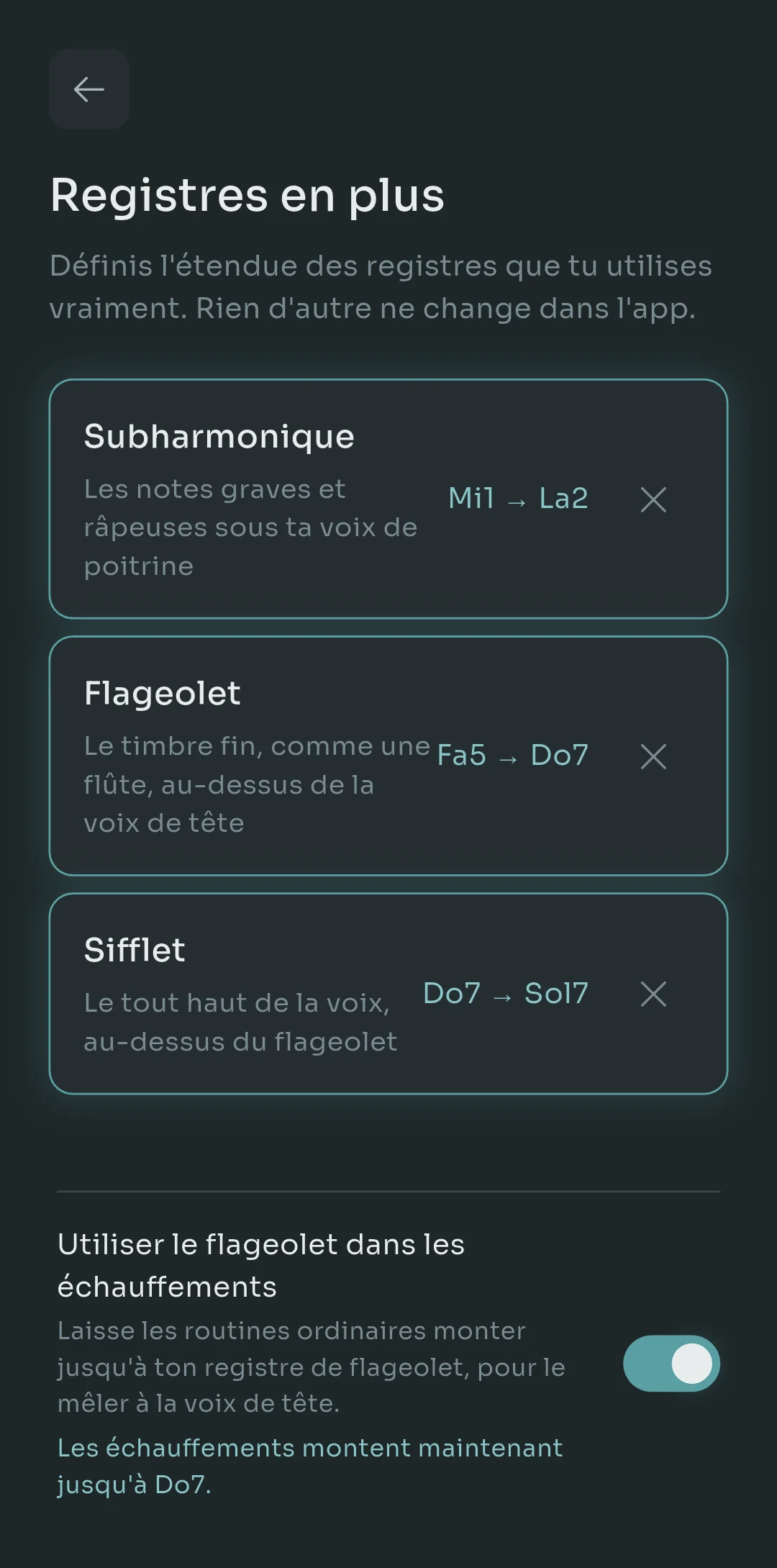 Écran des registres supplémentaires de Scalita avec le subharmonique réglé de E1 à A2, le flageolet de F5 à C7 et le sifflet de C7 à G7, plus une option pour utiliser le flageolet dans les échauffements