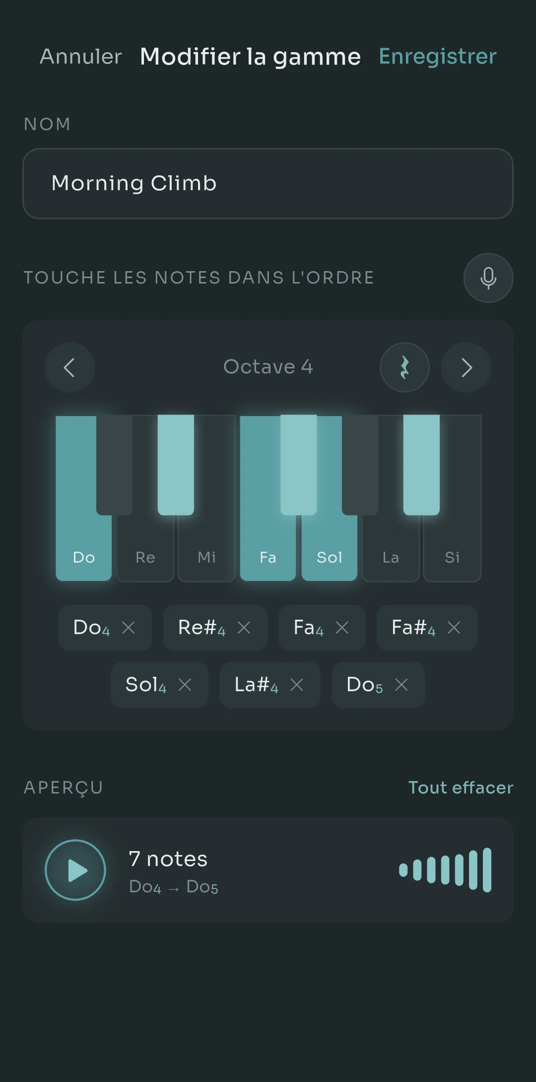 L'écran d'édition de gamme de Scalita pour une gamme nommée Morning Climb, avec un clavier de piano à l'écran en octave 4, sept notes tapées listées en dessous, et un aperçu affichant 7 notes de C4 à C5