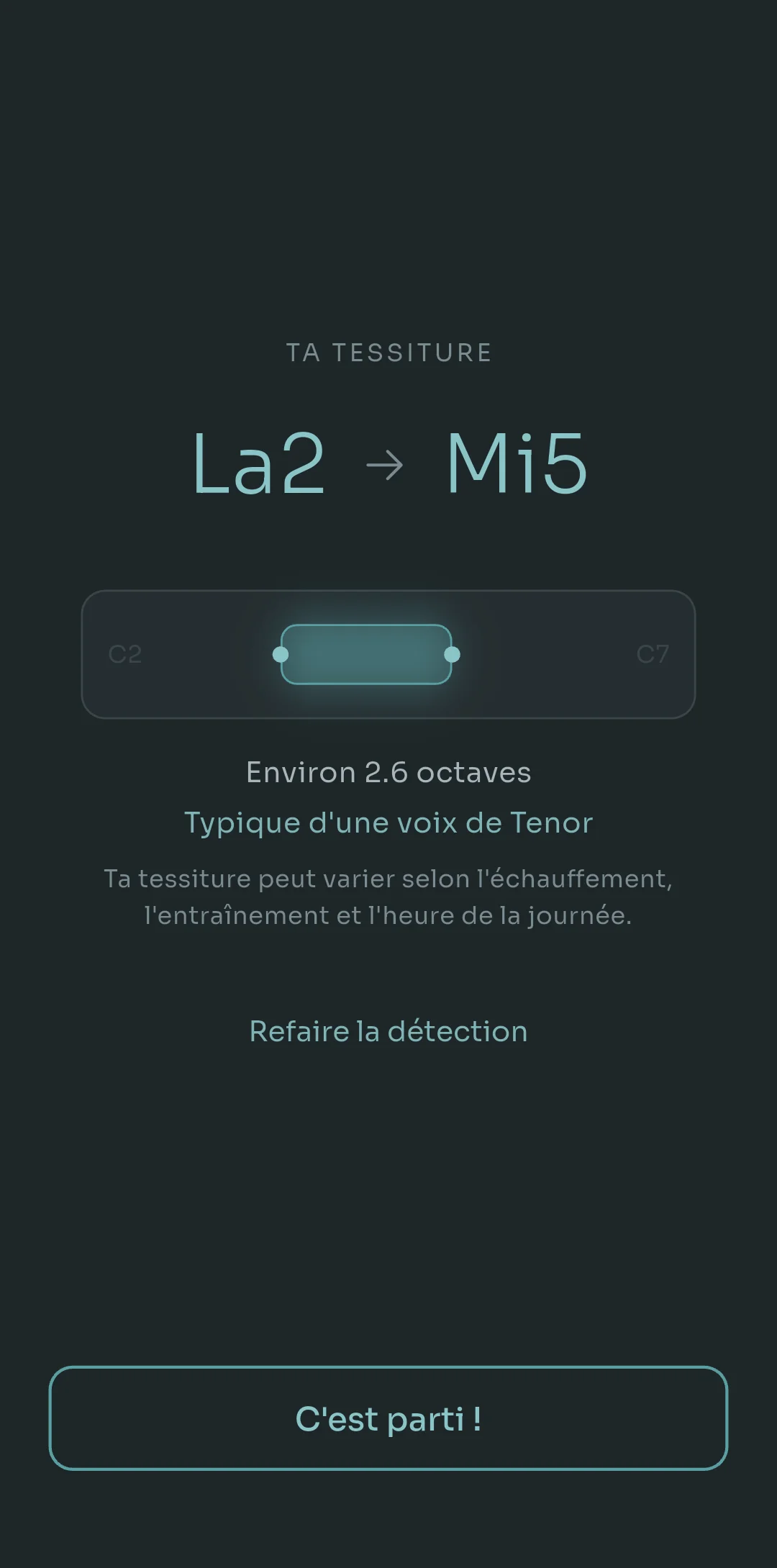 Écran de résultat de Scalita montrant une étendue vocale de A2 à E5, environ 2,6 octaves, typique d'une voix de ténor, avec une option Refaire la détection