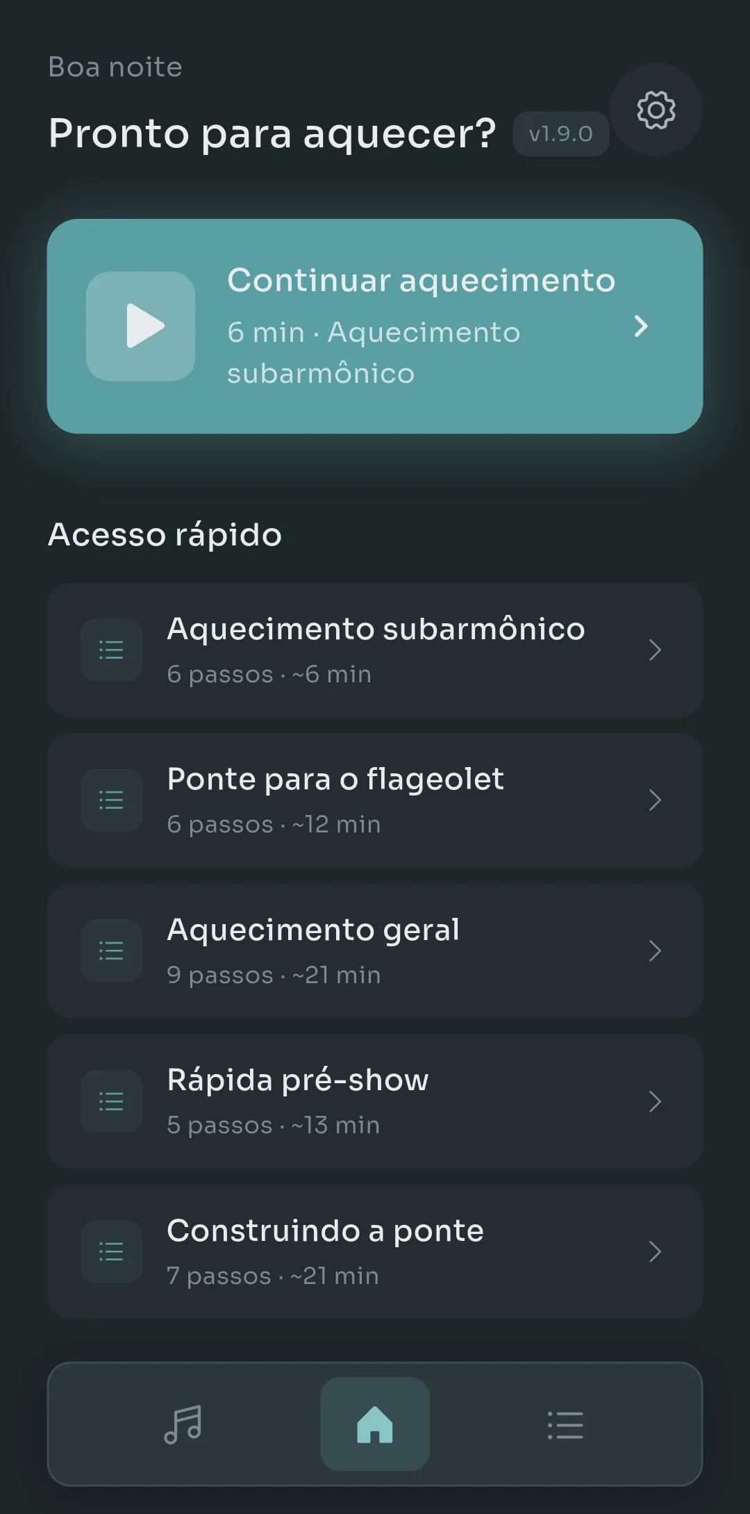 Tela inicial do Scalita mostrando um card Continuar aquecimento e uma lista de Acesso rápido com rotinas, número de etapas e durações