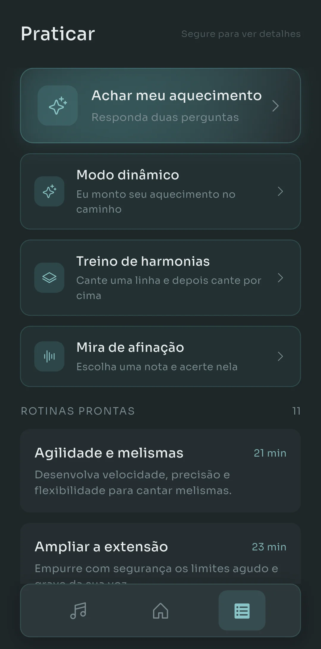 Aba Praticar do Scalita com Encontrar Meu Aquecimento, Modo Adaptativo, Treino de harmonia e Alvo de afinação no topo, e rotinas embutidas como Agilidade & Runs e Controle de Respiração & Resistência embaixo