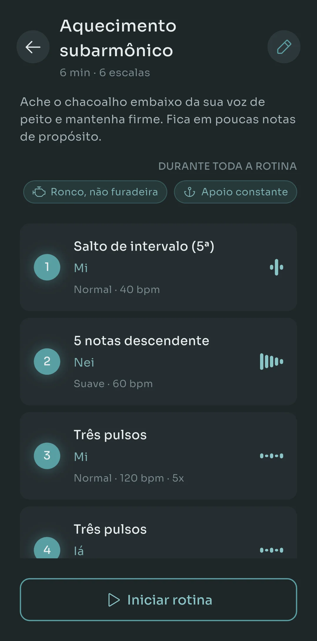 Visão geral de rotina no Scalita para um Subharmonic Warmup de seis minutos com quatro etapas listando escala, sílaba, estilo, andamento e repetições, mais duas dicas para toda a rotina: Drone, not drill e Steady support