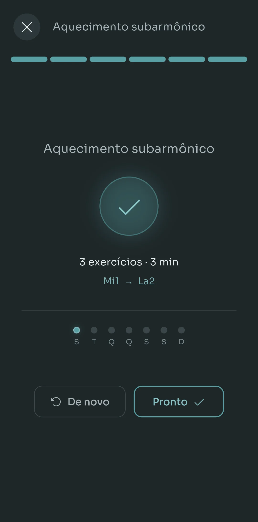 Tela de fim de rotina do Scalita com uma marca de confirmação, um resumo de exercícios, tempo e extensão coberta, pontos de prática semanal de segunda a domingo e botões De novo e Concluir