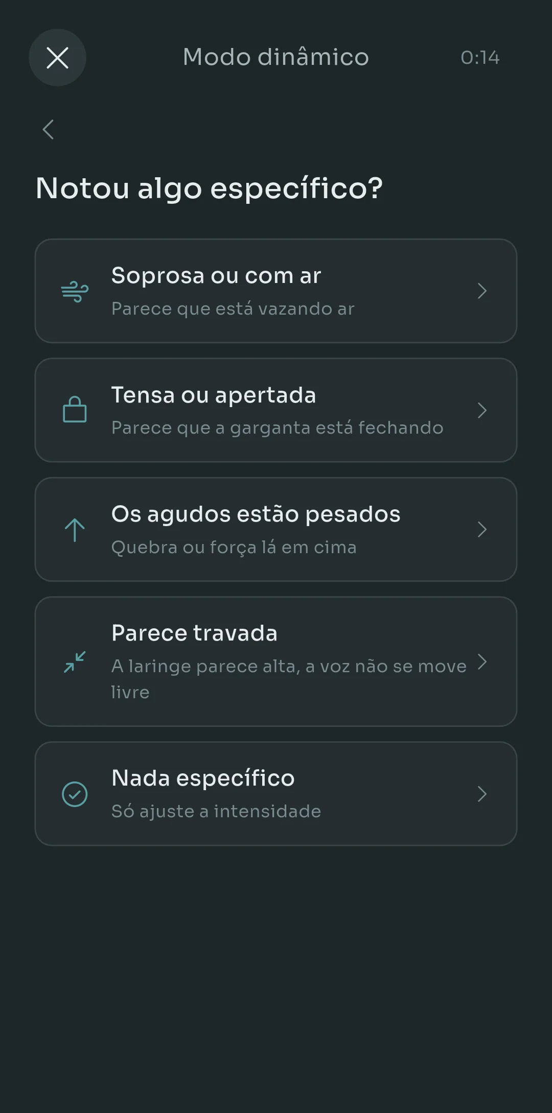 Tela do Modo Adaptativo do Scalita com o cronômetro rodando, perguntando se a voz está soprosa, apertada, pesada no agudo, travada ou nada específico