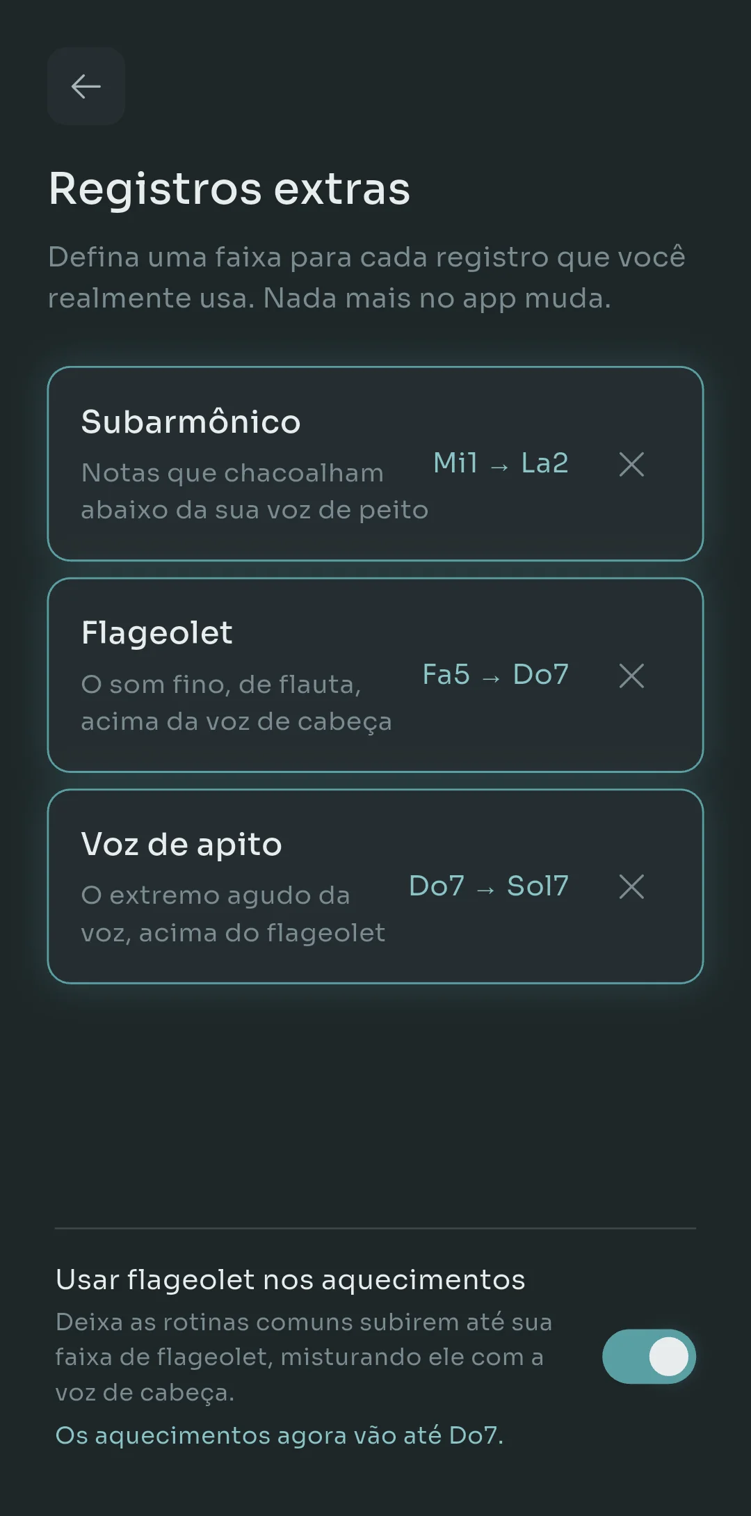 Tela de registros extras do Scalita com Subharmonic definido de E1 a A2, Flageolet de F5 a C7 e Whistle de C7 a G7, além de uma opção para usar flageolet nos aquecimentos