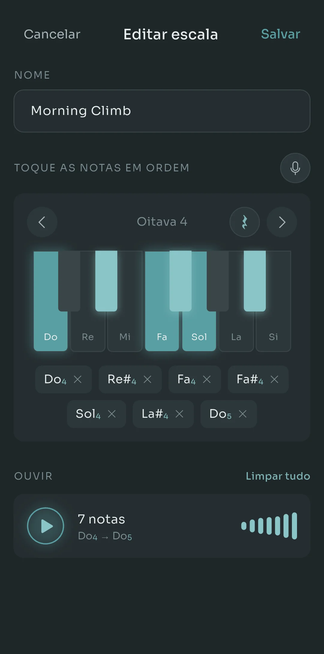Tela Editar Escala do Scalita para uma escala chamada Morning Climb, com um teclado de piano na tela na oitava 4, sete notas tocadas listadas abaixo e uma prévia mostrando 7 notas de C4 a C5