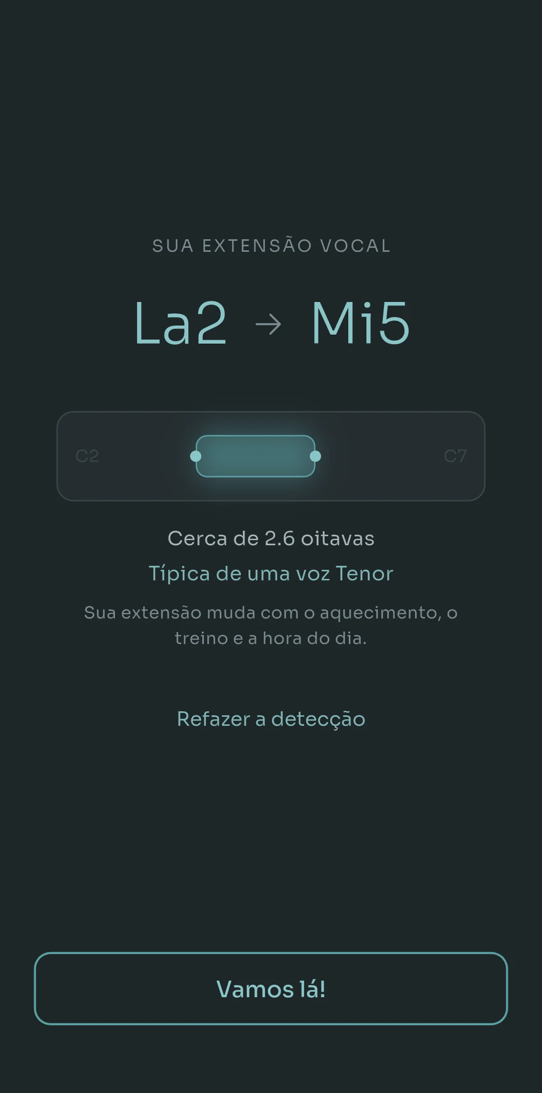 Tela de resultado do Scalita mostrando uma extensão vocal de A2 a E5, cerca de 2,6 oitavas, típica de uma voz de tenor, com a opção Refazer detecção