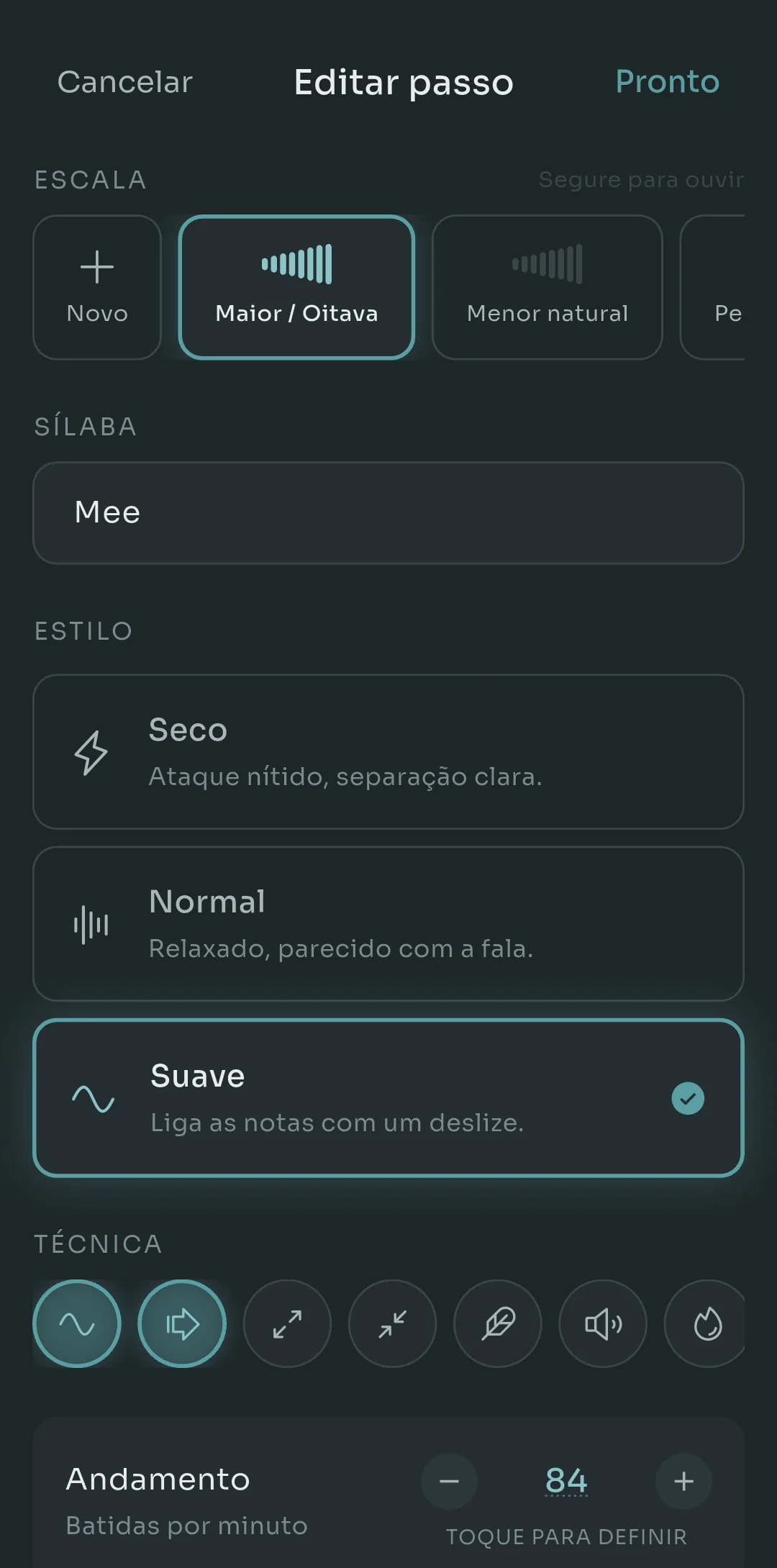 Tela Edit Step do Scalita mostrando seleção de escala, a sílaba Mee, as opções de estilo de ataque Struck, Normal e Smooth, botões de técnica e um andamento de 84 batidas por minuto