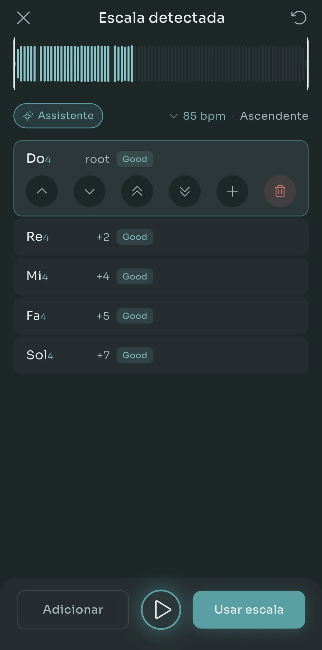Tela Escala Detectada do Scalita listando C4 como nota raiz seguida de D4, E4, F4 e G4, cada uma marcada com seu intervalo em relação à raiz e um rótulo de confiança Boa, com controles para mover, adicionar ou excluir notas