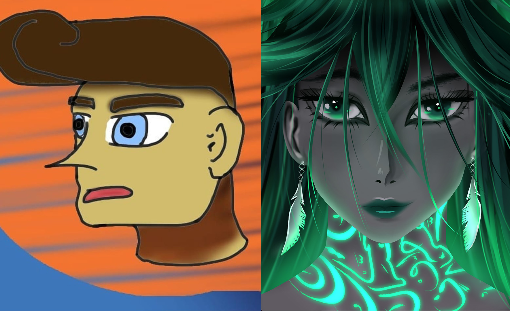 Split screen showing progression: left side shows simple pencil sketches on paper, right side shows vibrant digital artwork on tablet screen, artistic evolution concept